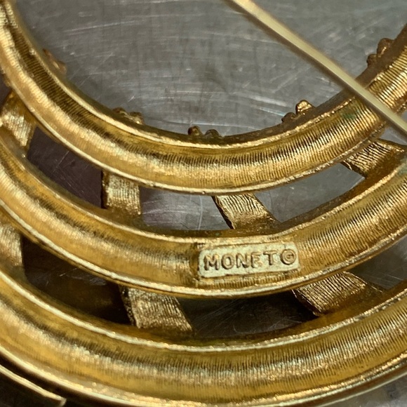Monet Vintage Crescent Brooch Brushed Gold Tone Domed Open Work Textured Signed - Picture 3 of 5